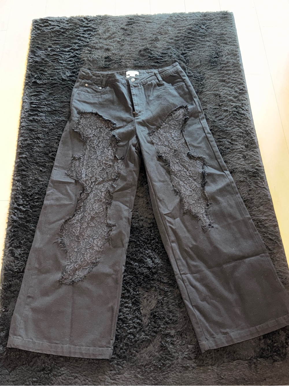 Urban Revivo Black Lace Distressed Wide Leg Jeans Size 30 NWT